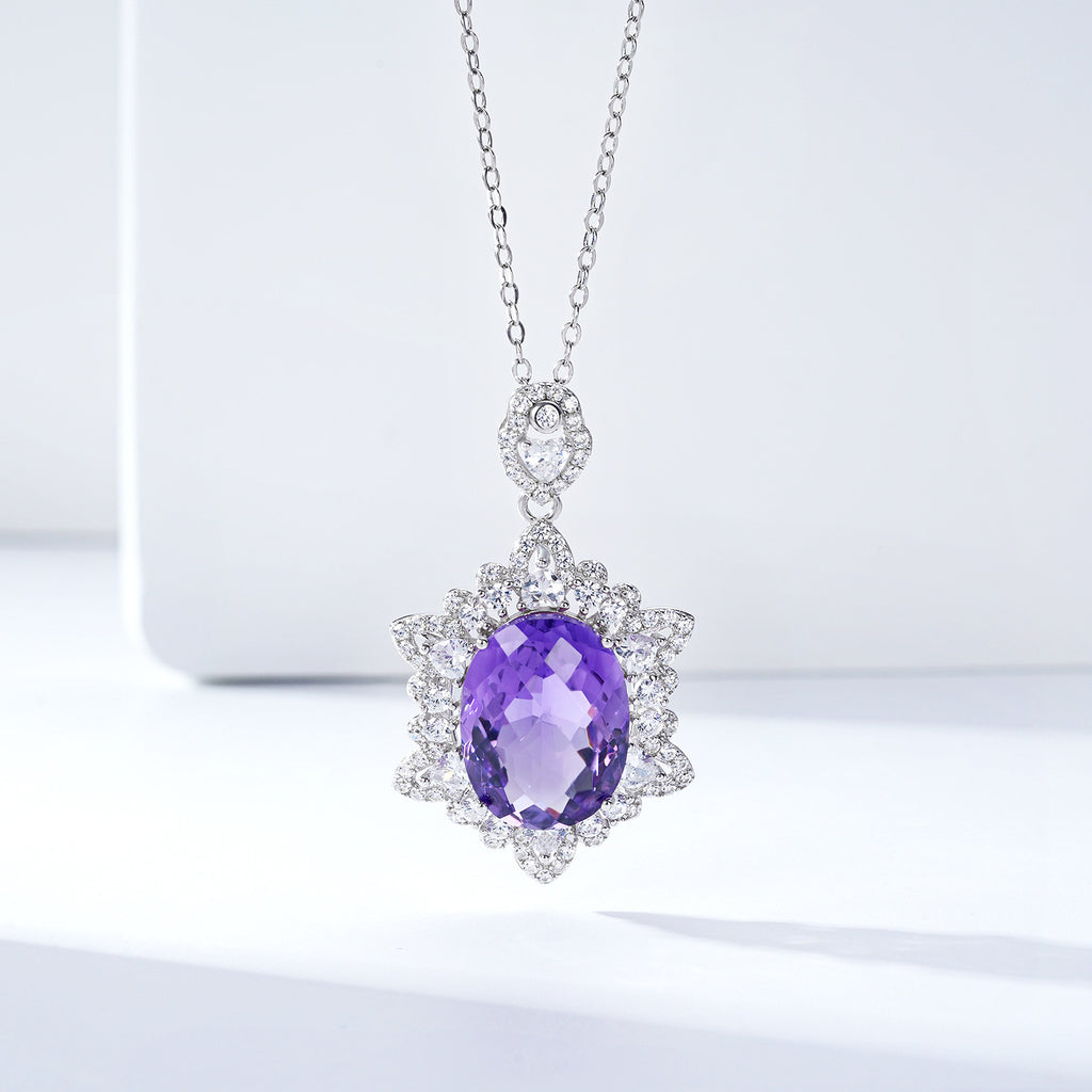 Luxury Amethyst Halo Pendant Necklace