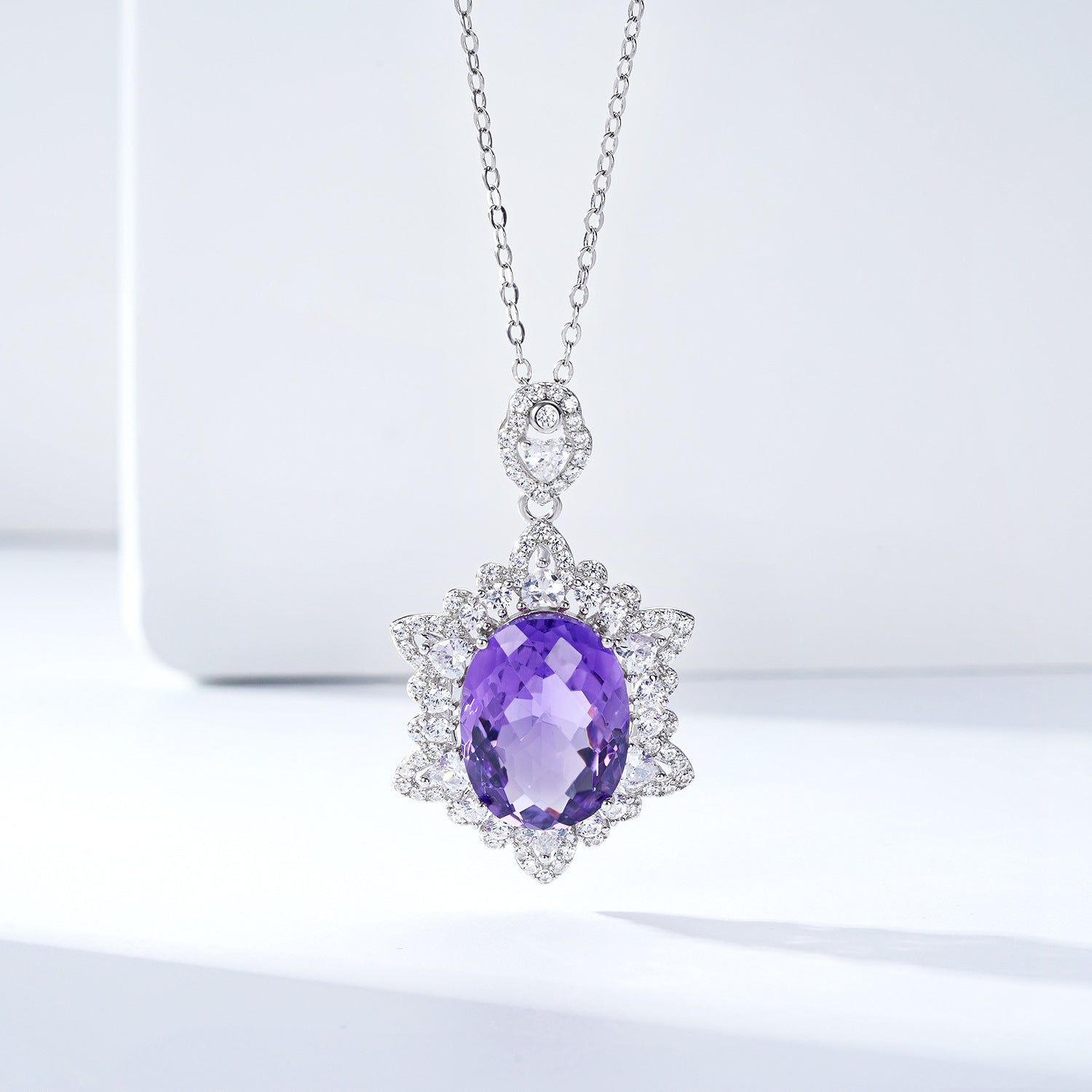 Luxury Amethyst Halo Pendant Necklace
