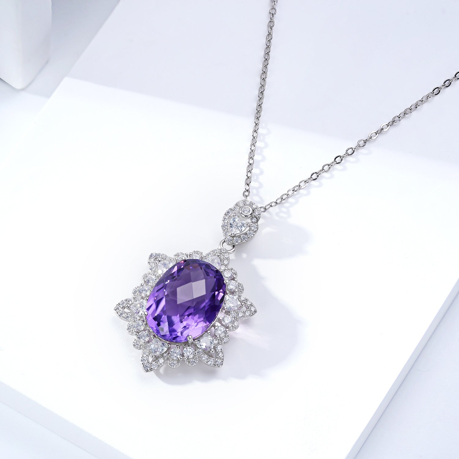 Luxury Amethyst Halo Pendant Necklace